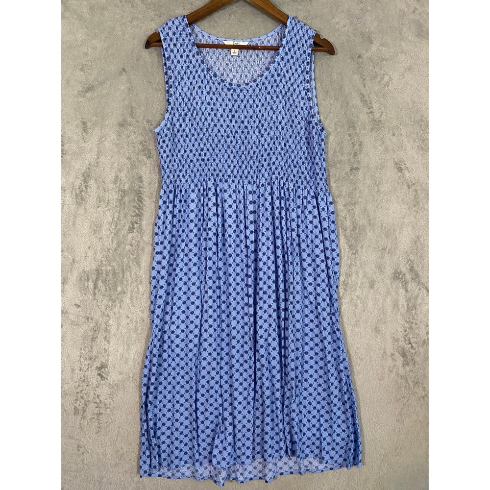 Croft & Barrow Dress Sz L Blue Floral Smocked Sleeveless Prairie Cottagecore